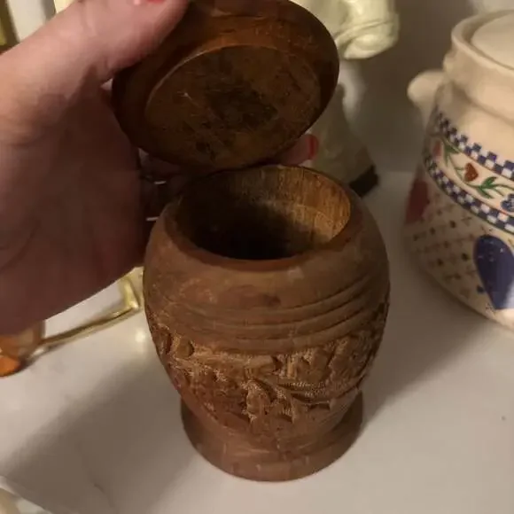 Vintage Hand-carved Floral Wood Jar - Israel,
